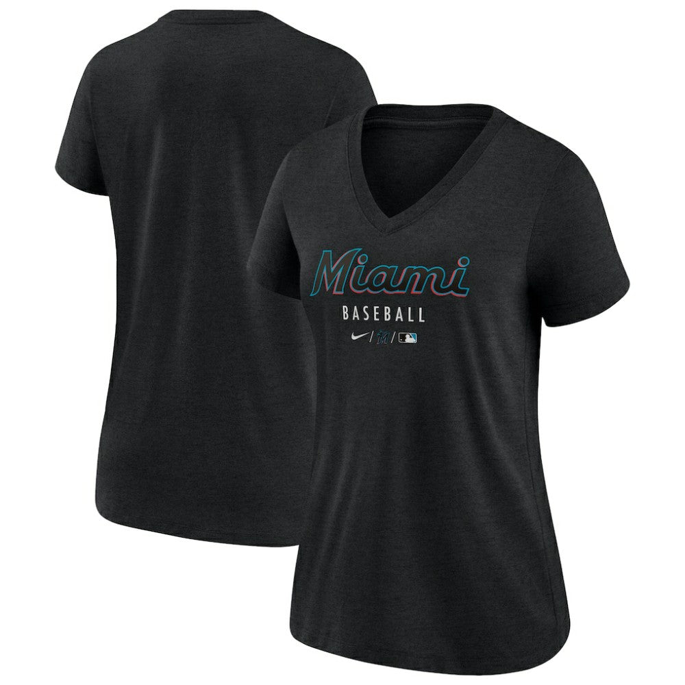 Heather Black Miami Marlins Nike Women's Authentic Collection Tri-Blend V-Neck T-Shirt