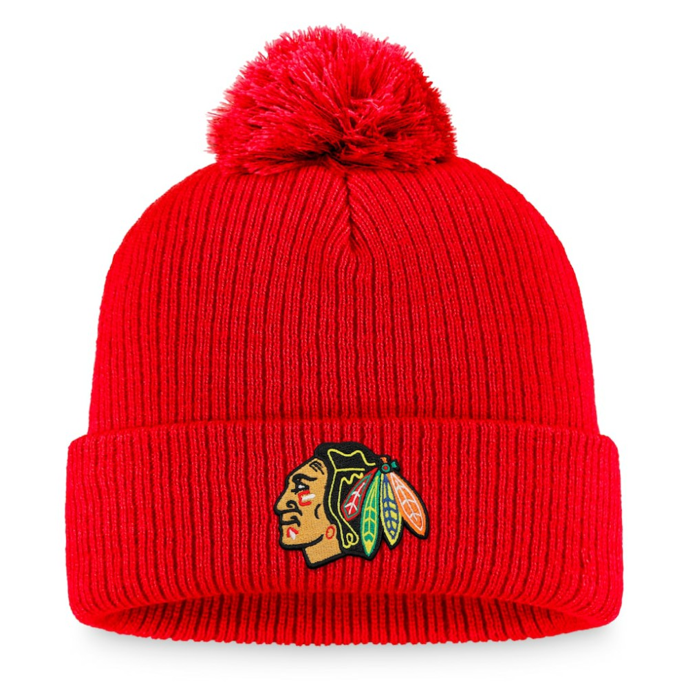 NHL Chicago Blackhawks Fanatics Primary Logo Cuffed Knit Hat with Pom