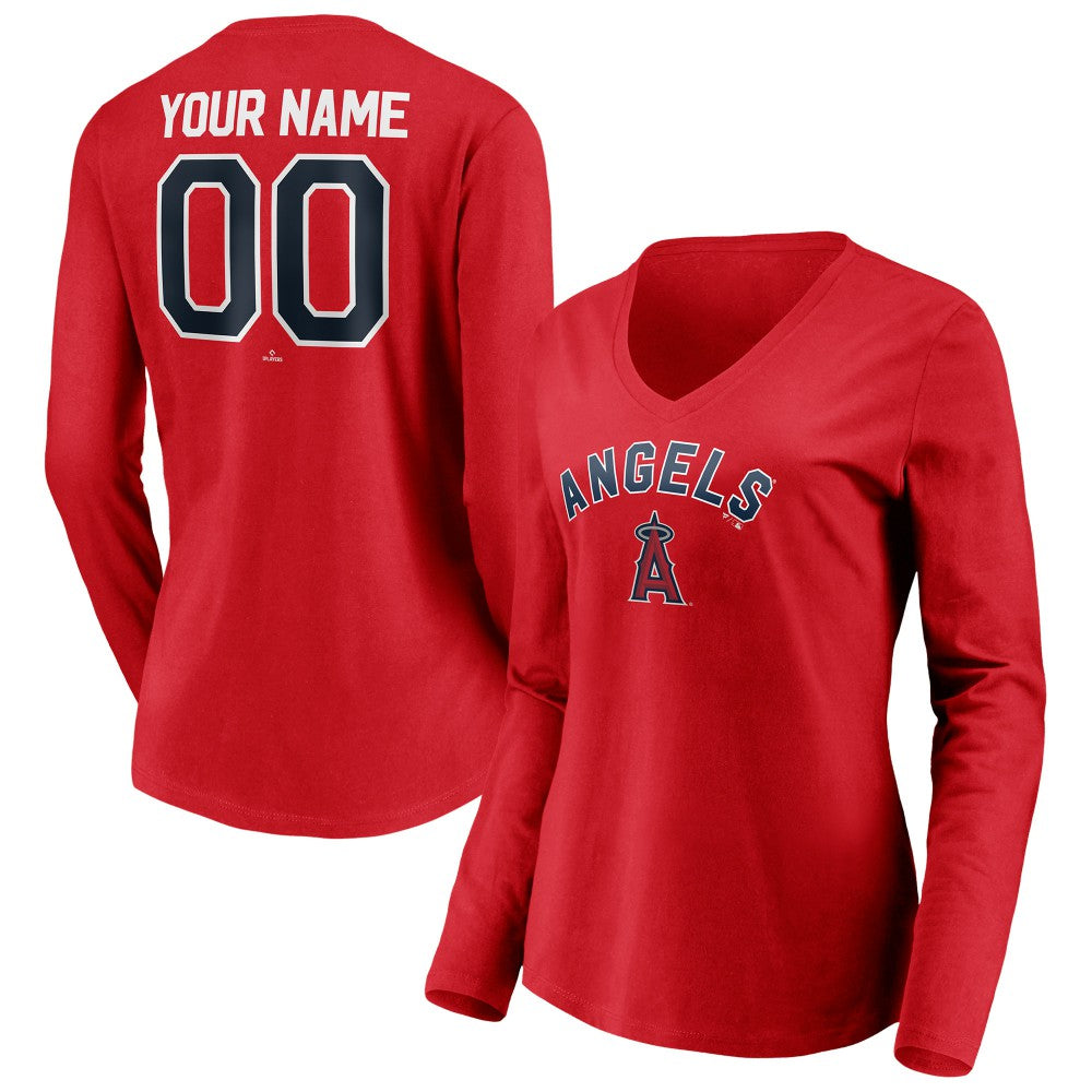 Red Los Angeles Angels Women's Personalized Winning Streak Name & Number Long Sleeve V-Neck T-Shirt
