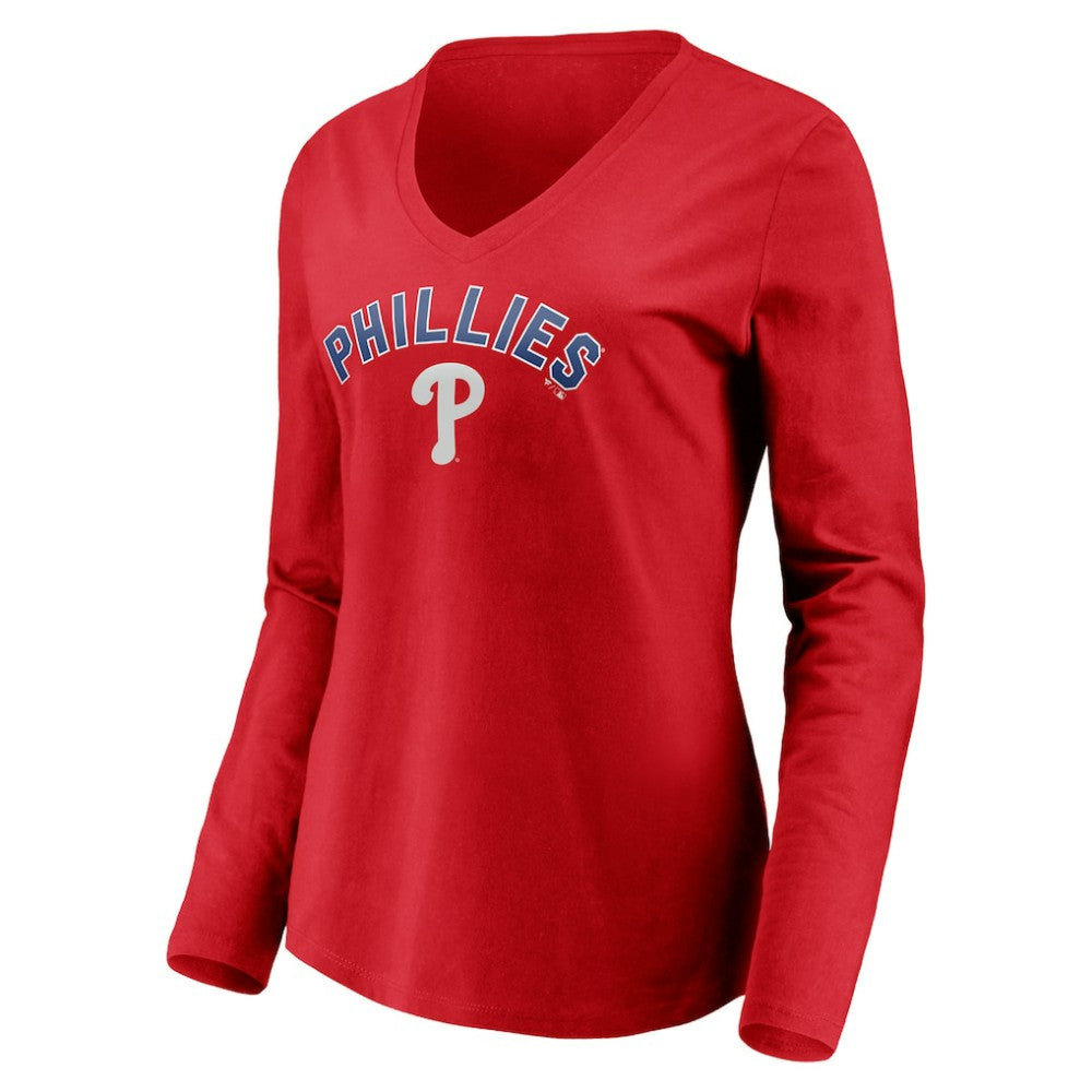 Red Philadelphia Phillies Women's Personalized Winning Streak Name & Number Long Sleeve V-Neck T-Shirt