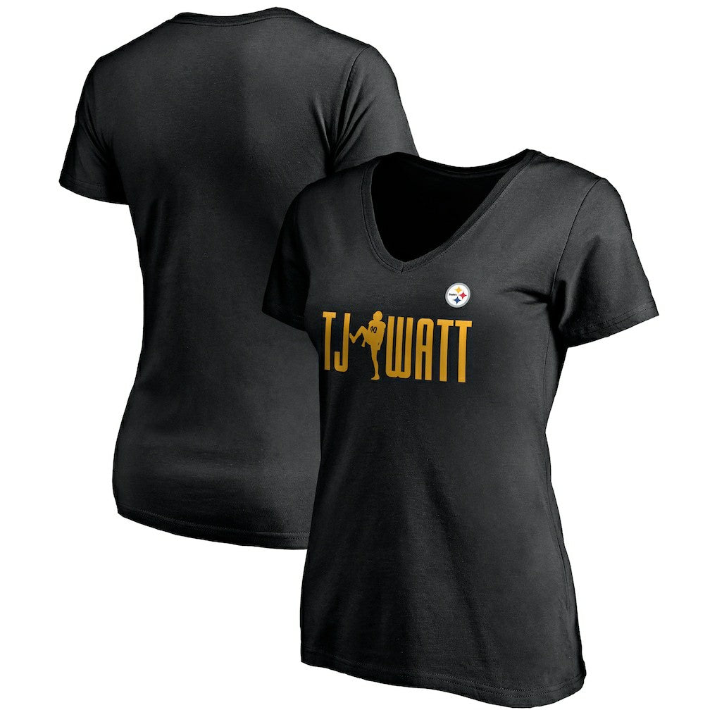 T.J. Watt  Women's Checkdown V-Neck T-Shirt - Pittsburgh Steelers T-shirts