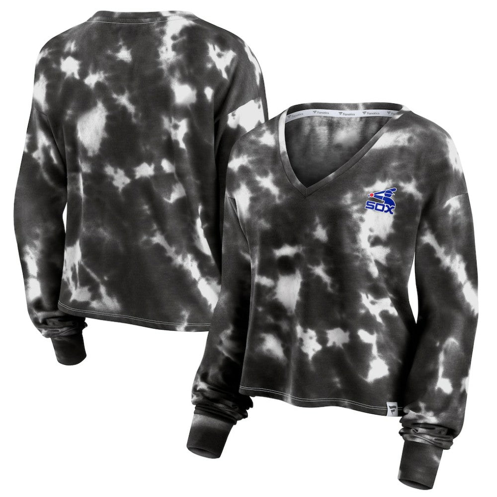 White/Black Chicago White Sox Fanatics Women's Tie-Dye V-Neck Pullover Cropped Tee