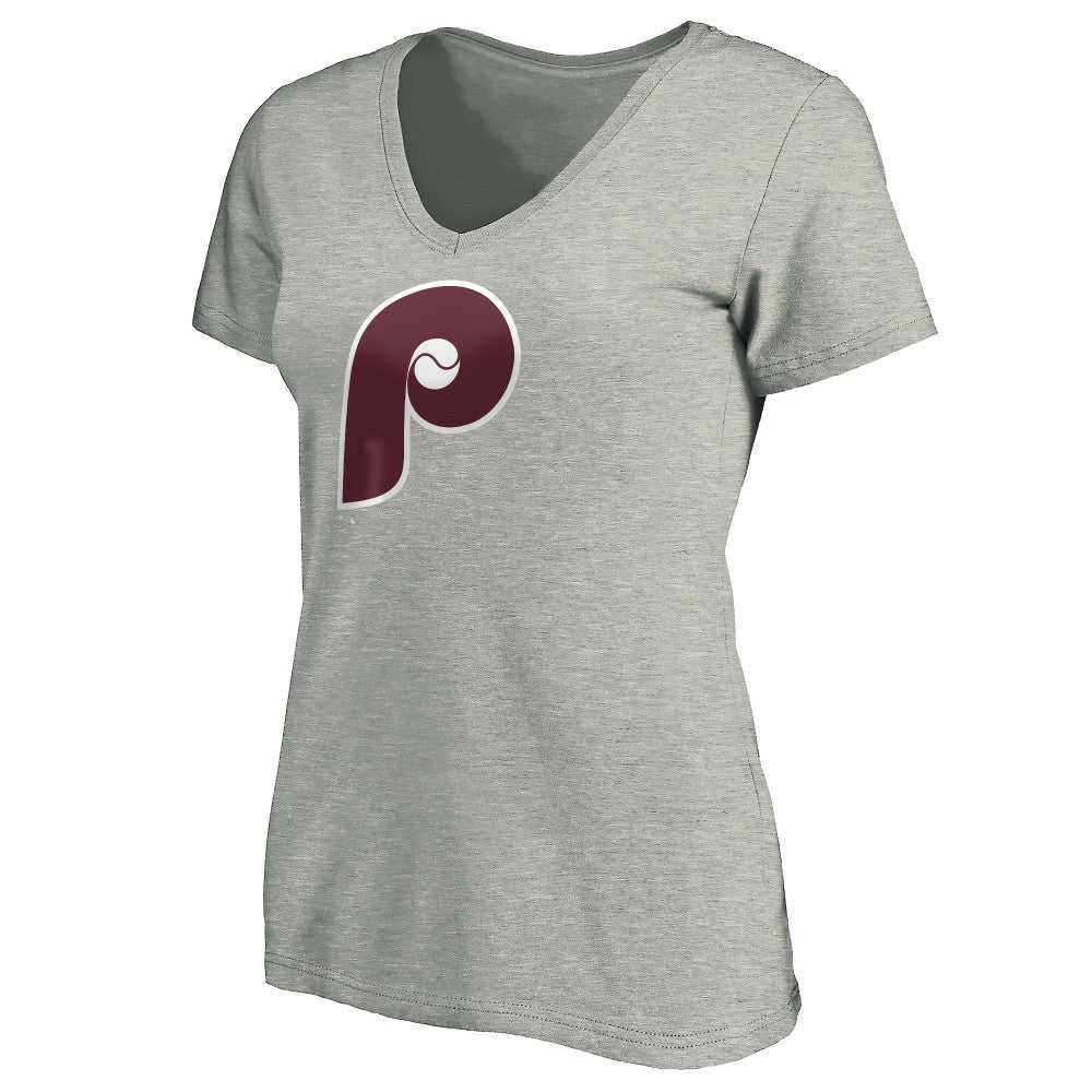 Heathered Gray Philadelphia Phillies Women's Cooperstown Collection Huntington Logo V-Neck T-Shirt