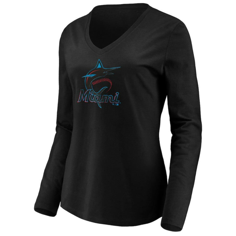 Black Miami Marlins Women's Core Distressed Team Long Sleeve T-Shirt