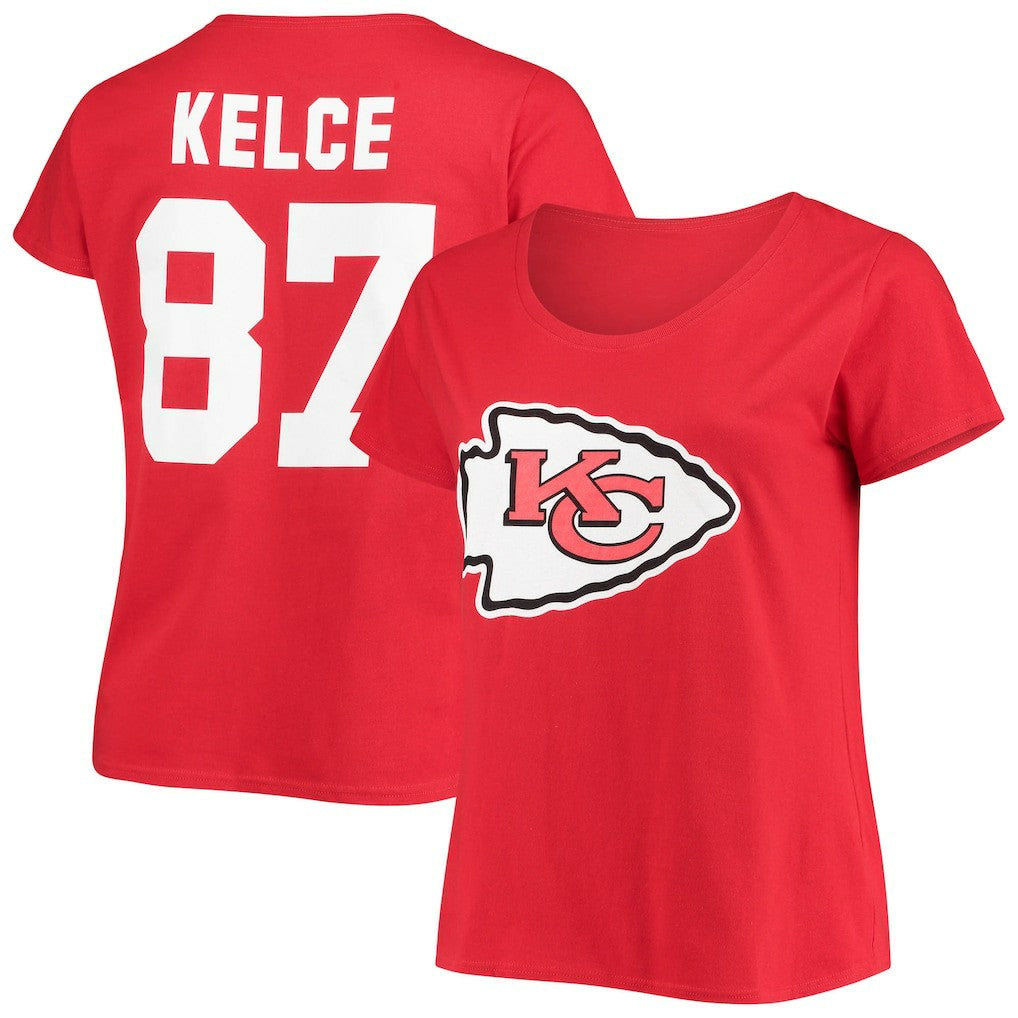 Travis Kelce  Women's Plus Size Fair Catch Name & Number Scoop Neck T-Shirt - Kansas City Chiefs T-shirts
