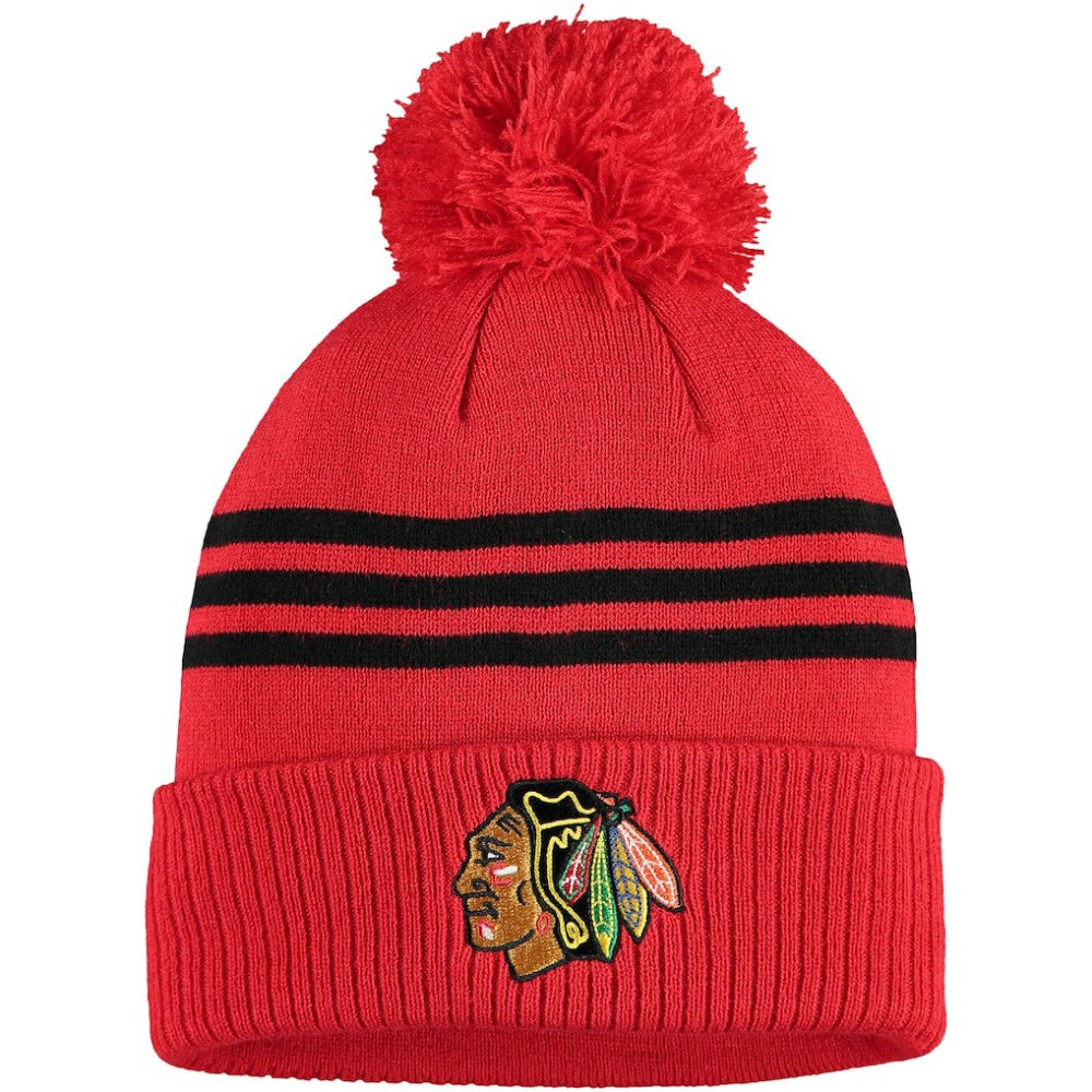 NHL Chicago Blackhawks adidas Locker Room Three Stripe Cuffed Knit Hat with Pom