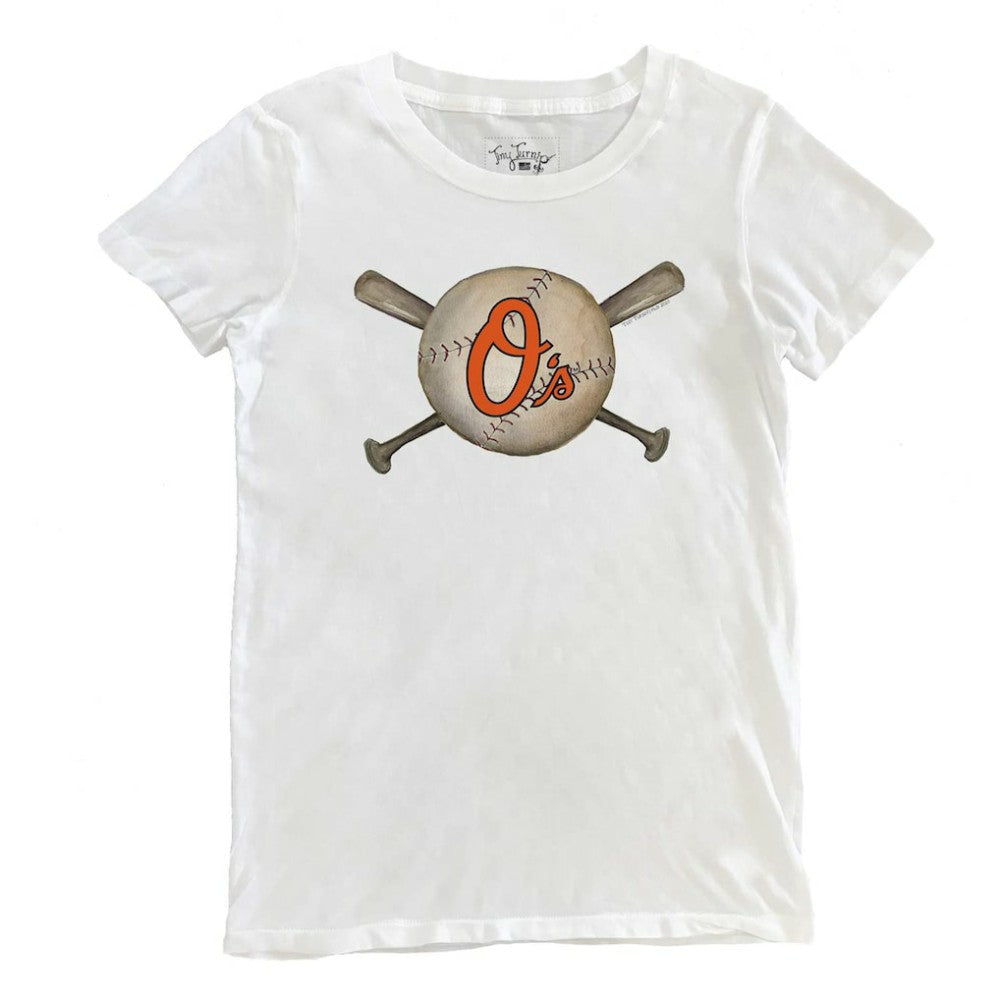 White Baltimore Orioles Tiny Turnip Women's Baseball Crossbats T-Shirt