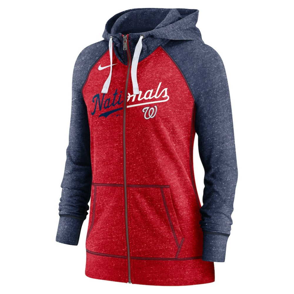 Heather Red/Heather Navy Washington Nationals Nike Women's Split Wordmark Gym Vintage Raglan Lightweight Full-Zip Hoodie