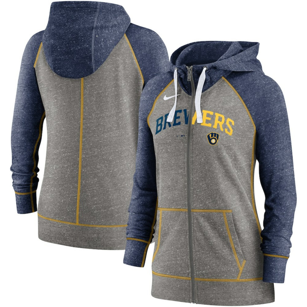 Heather Charcoal/Heather Navy Milwaukee Brewers Nike Women's Split Wordmark Gym Vintage Raglan Lightweight Full-Zip Hoodie