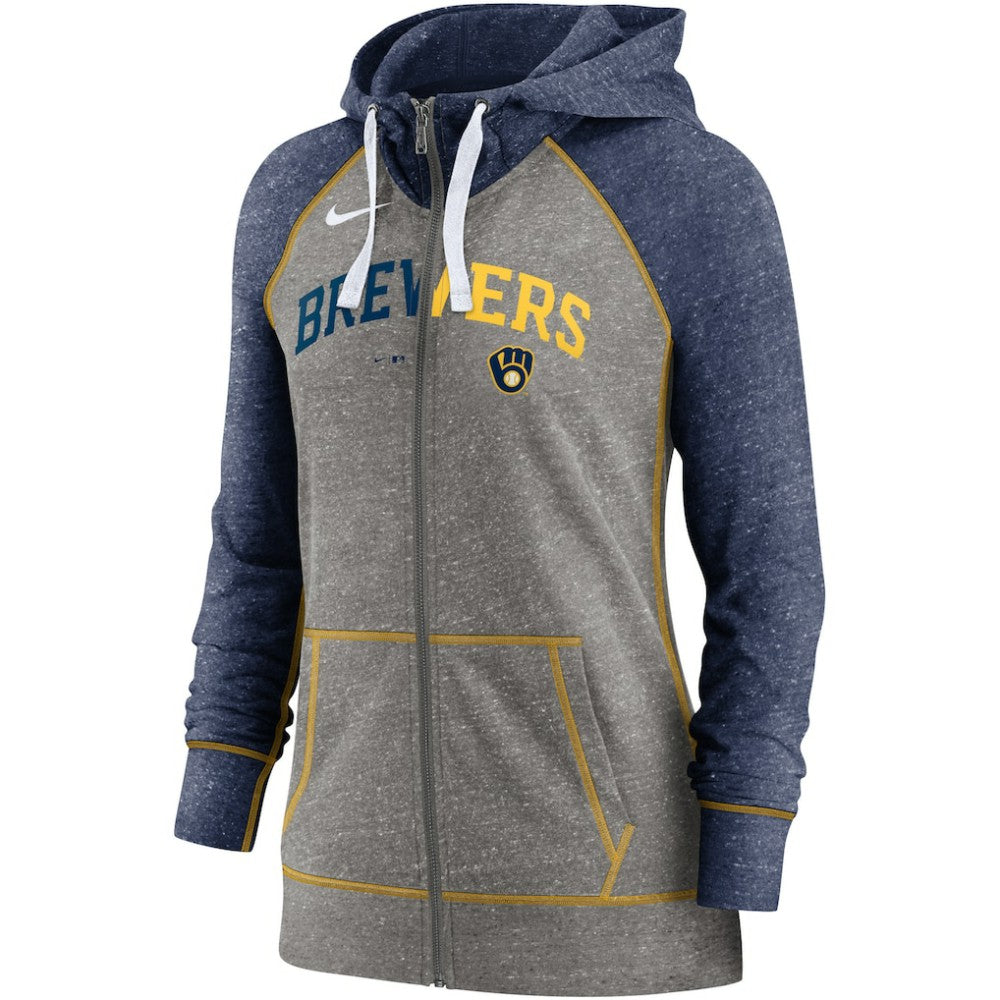 Heather Charcoal/Heather Navy Milwaukee Brewers Nike Women's Split Wordmark Gym Vintage Raglan Lightweight Full-Zip Hoodie