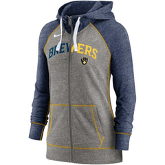 Heather Charcoal/Heather Navy Milwaukee Brewers Nike Women's Split Wordmark Gym Vintage Raglan Lightweight Full-Zip Hoodie