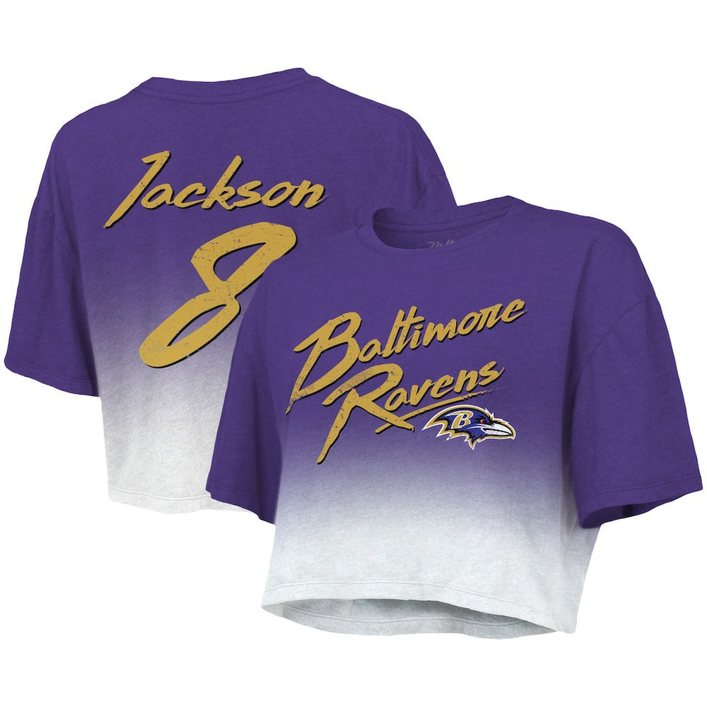 Lamar Jackson  Majestic Threads Women's Dip-Dye Player Name & Number Crop Top - Baltimore Ravens Tops