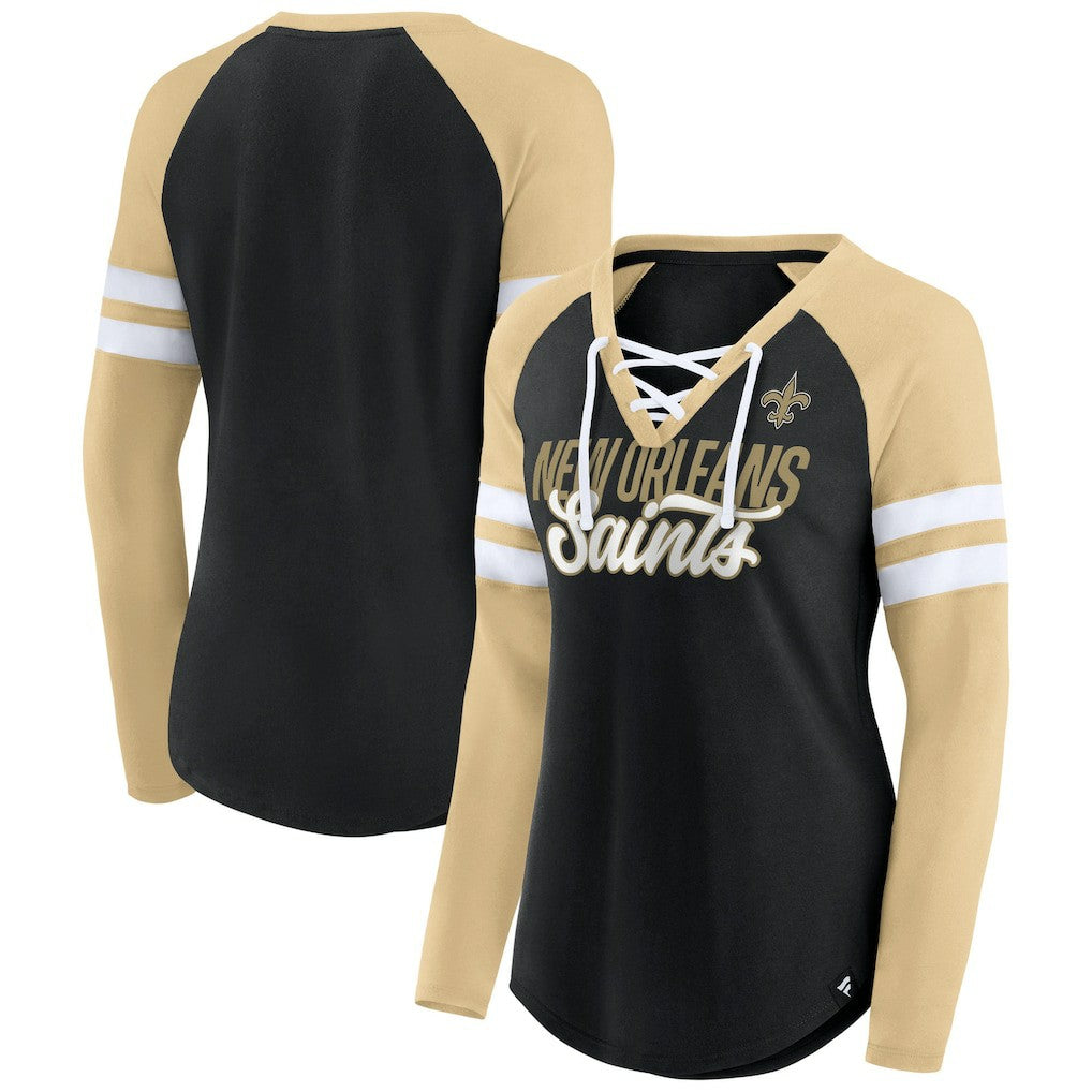 Women's True to Form Raglan Lace-Up V-Neck Long Sleeve T-Shirt - New Orleans Saints T-shirts