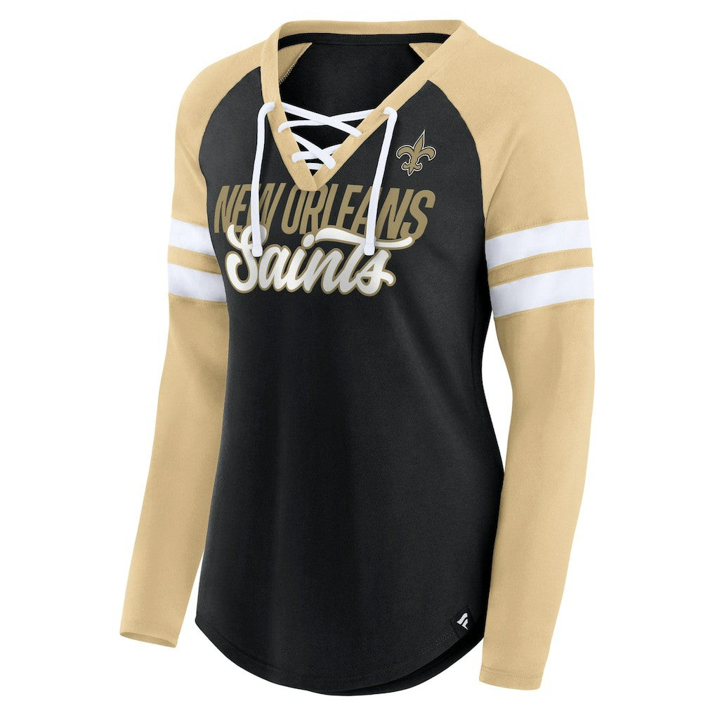 Women's True to Form Raglan Lace-Up V-Neck Long Sleeve T-Shirt - New Orleans Saints T-shirts