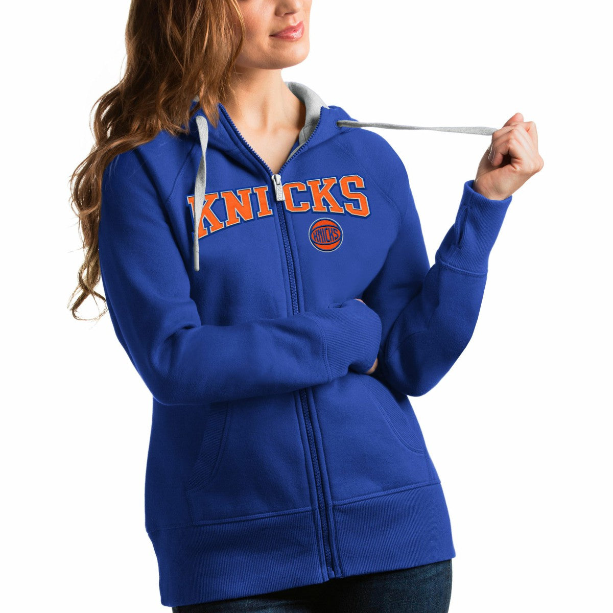 New York Knicks Antigua Women's Team Victory Full-Zip Hoodie