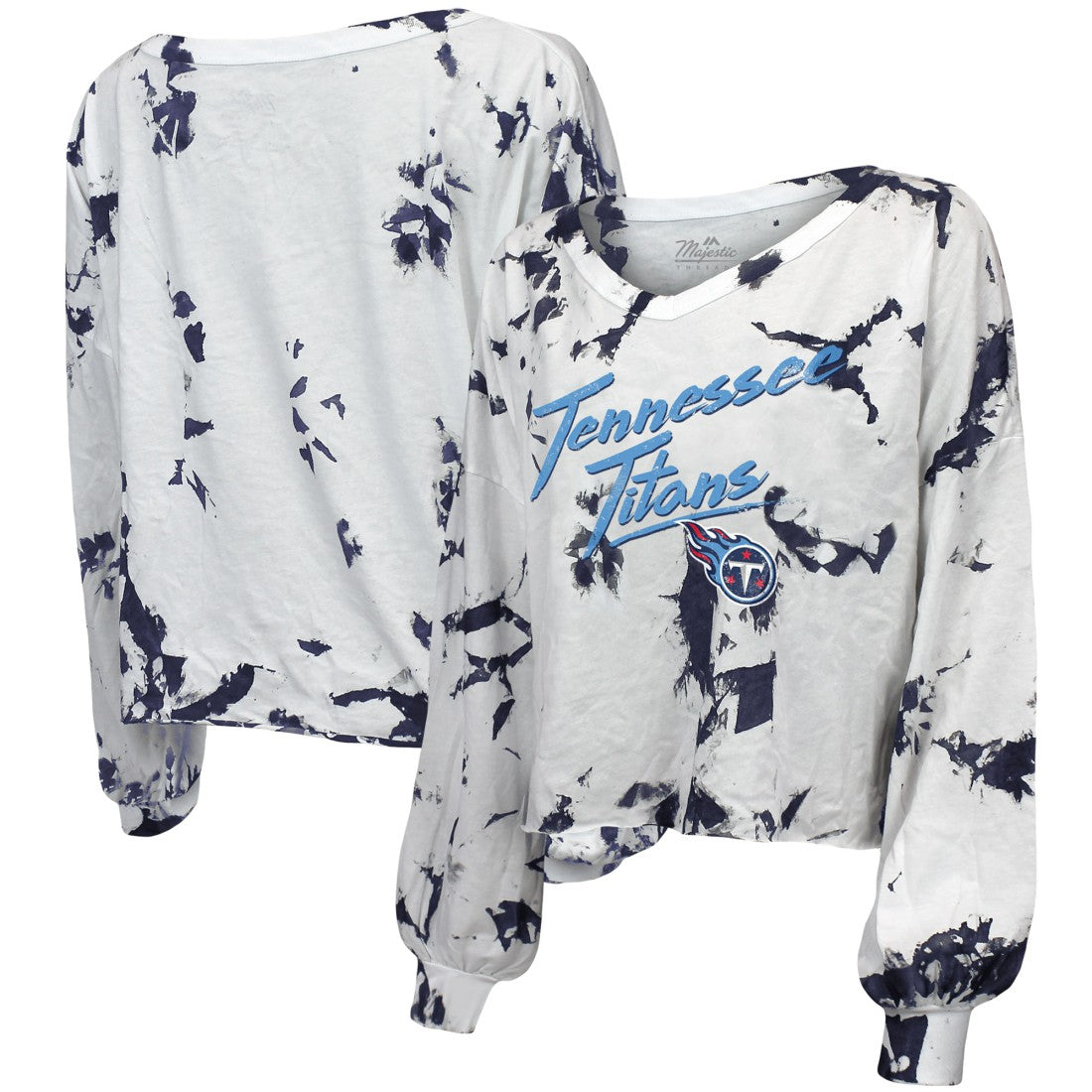 Majestic Threads Women's Off-Shoulder Tie-Dye V-Neck Long Sleeve T-Shirt - Tennessee Titans T-shirts