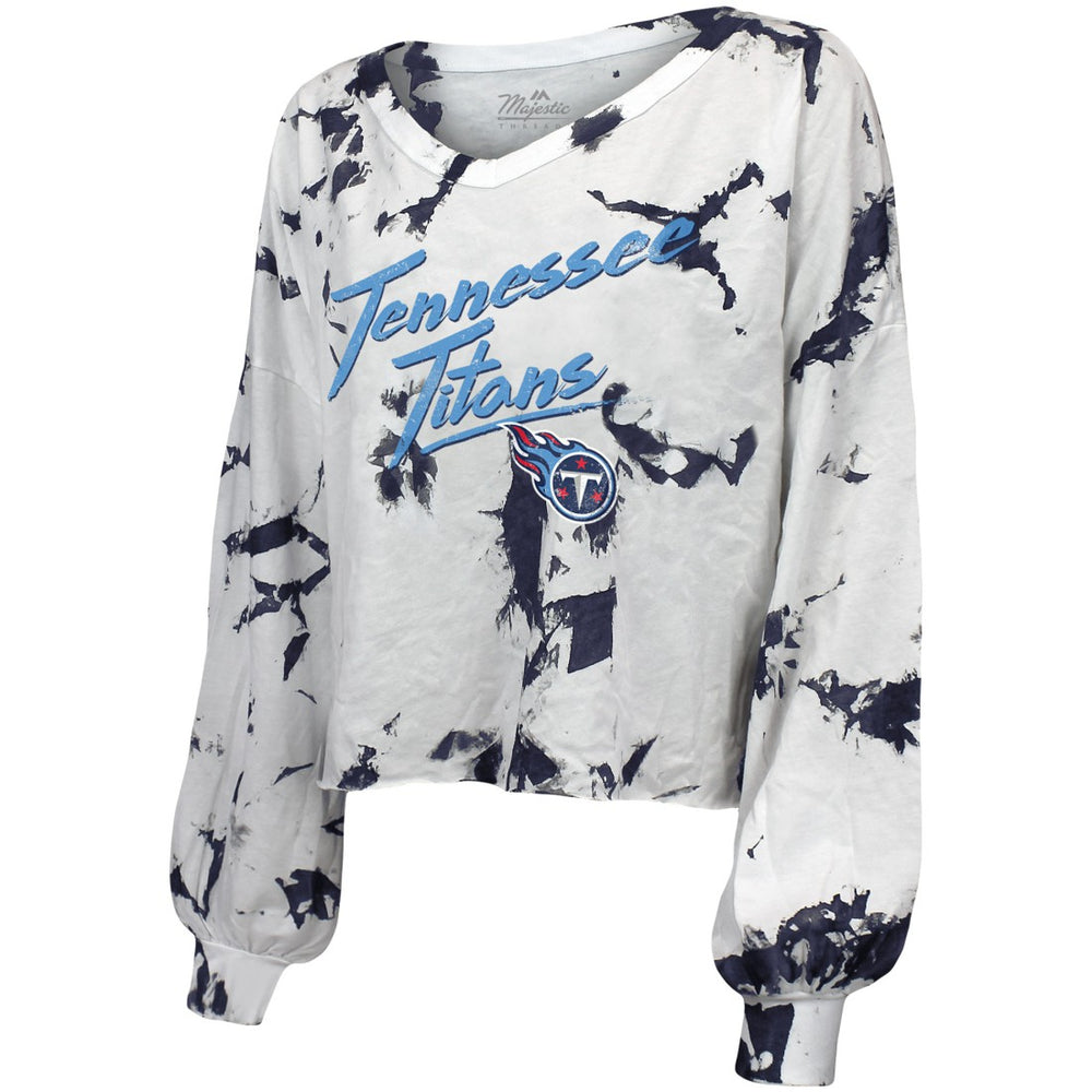 Majestic Threads Women's Off-Shoulder Tie-Dye V-Neck Long Sleeve T-Shirt - Tennessee Titans T-shirts