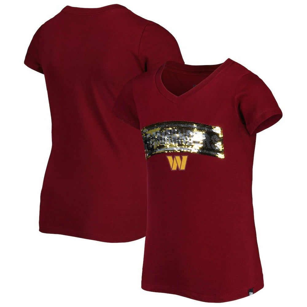 Girls Youth Reverse Sequin Wordmark V-Neck T-Shirt - Washington Commanders T-shirts