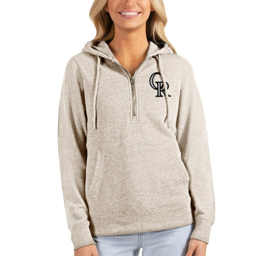 Oatmeal Colorado Rockies Antigua Women's Action Half-Zip Pullover Hoodie