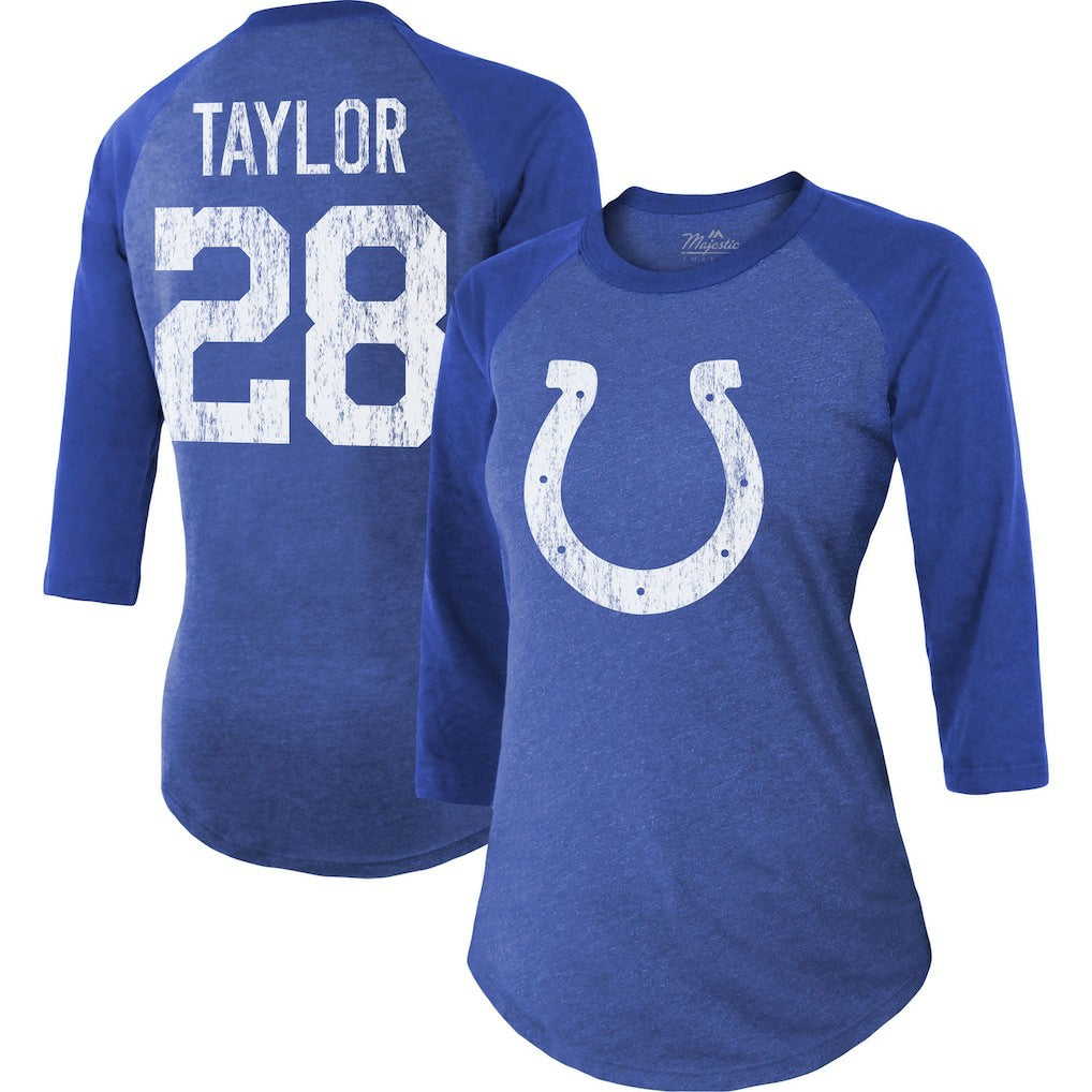 Jonathan Taylor  Majestic Threads Women's Player Name & Number Raglan Tri-Blend 3/4-Sleeve T-Shirt - Indianapolis Colts T-shirts