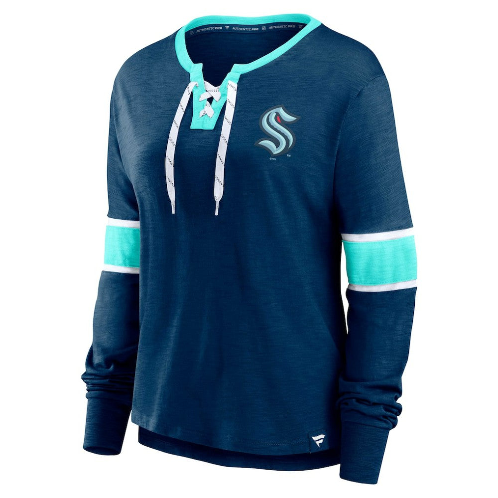NHL Seattle Kraken Fanatics Women's Effervescent Exclusive Notch Neck Lace-Up Long Sleeve Slub T-Shirt