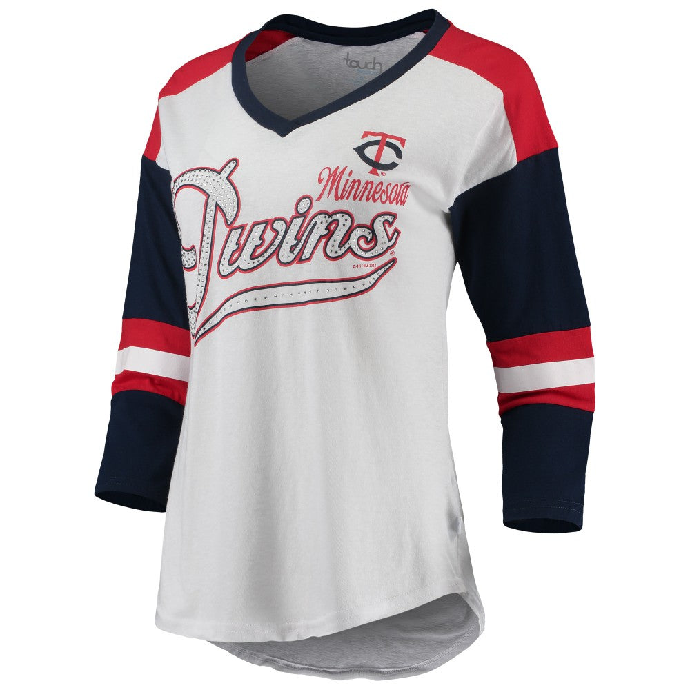 White/Red Minnesota Twins Touch Women's Base Runner 3/4-Sleeve V-Neck T-Shirt