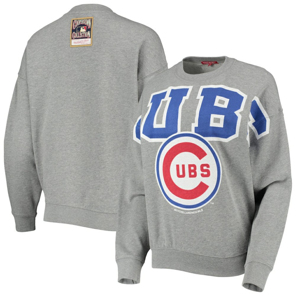 Heathered Gray Chicago Cubs Mitchell & Ness Women's Cooperstown Collection Logo Lightweight Pullover Sweatshirt