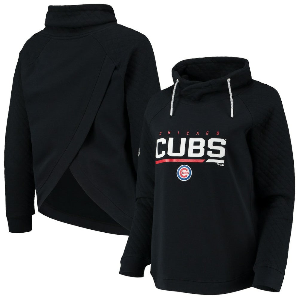 Black Chicago Cubs Levelwear Women's Vega Funnel Neck Raglan Pullover Sweatshirt