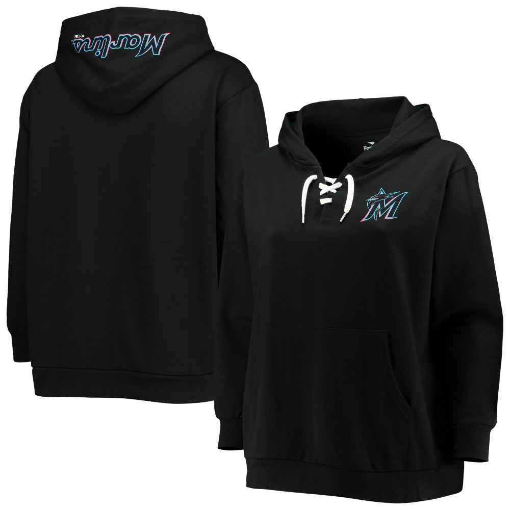 Black Miami Marlins Women's Plus Size Lace-Up V-Neck Pullover Hoodie