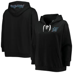 Black Miami Marlins Women's Plus Size Lace-Up V-Neck Pullover Hoodie