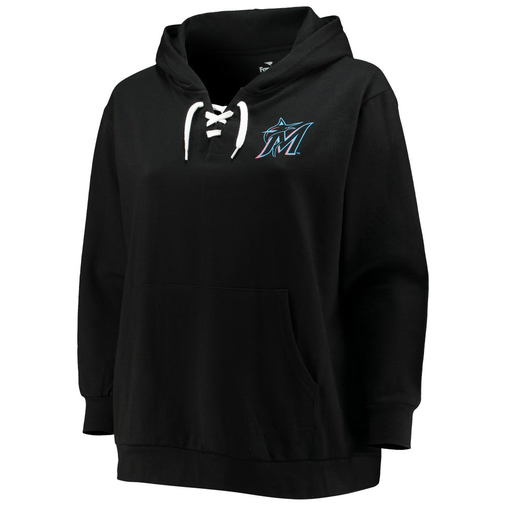 Black Miami Marlins Women's Plus Size Lace-Up V-Neck Pullover Hoodie