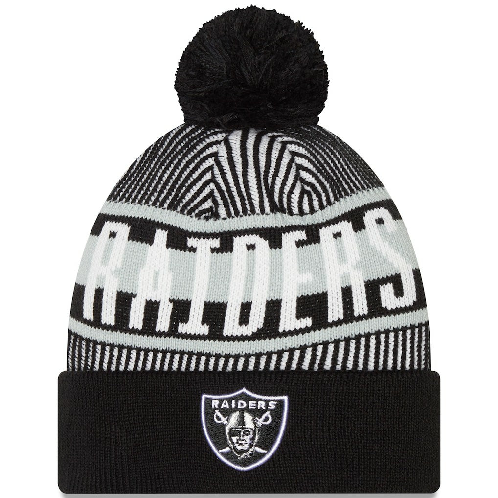 Striped Cuffed Knit Hat with Pom - Las Vegas Raiders Hats