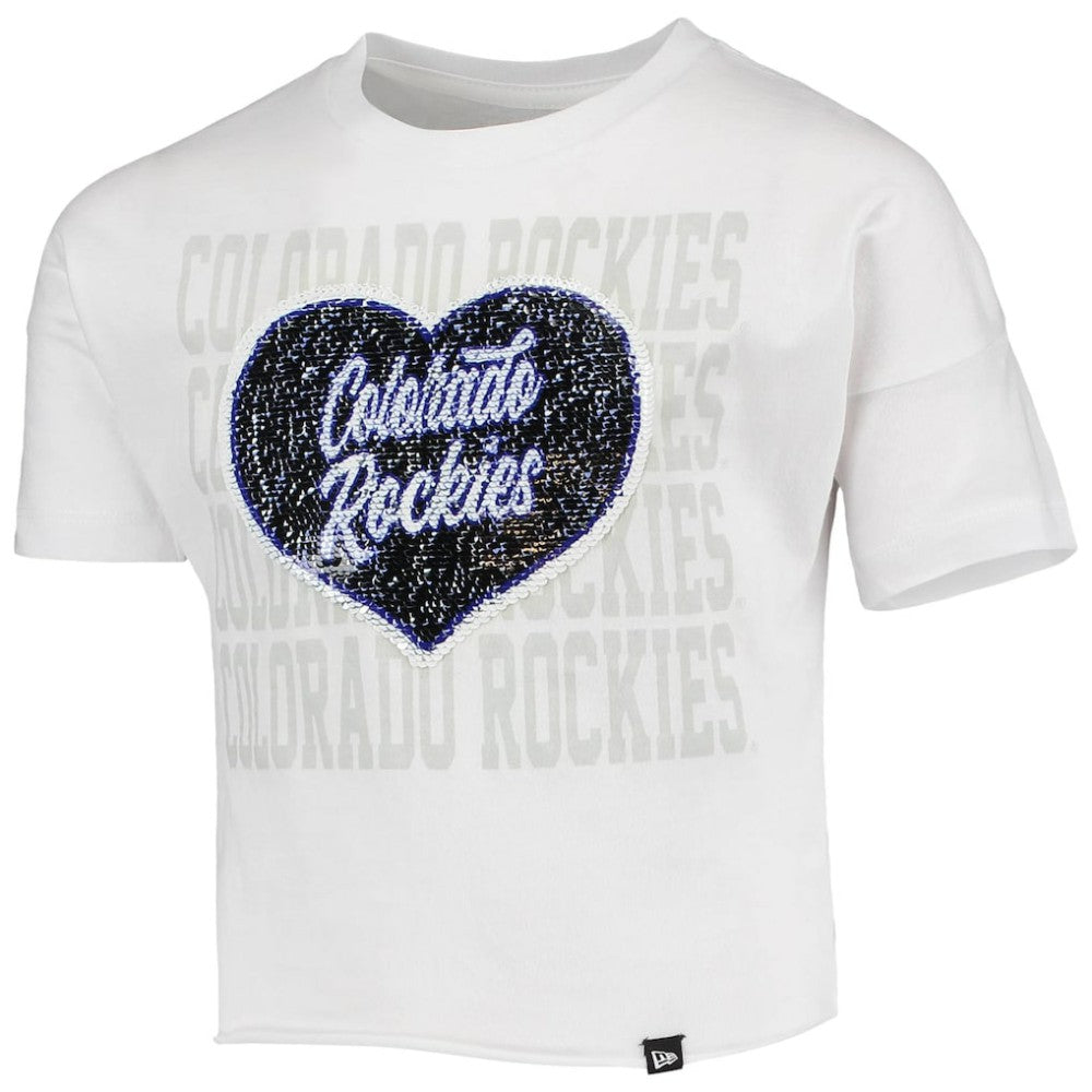 White Colorado Rockies New Era Girls Youth Flip Sequin Heart Crop Top