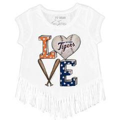 White Detroit Tigers Tiny Turnip Girls Youth Baseball Love Fringe T-Shirt