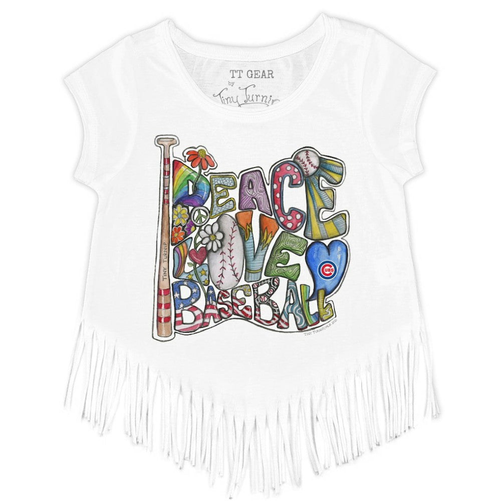 White Chicago Cubs Tiny Turnip Girls Youth Peace Love Baseball Fringe T-Shirt