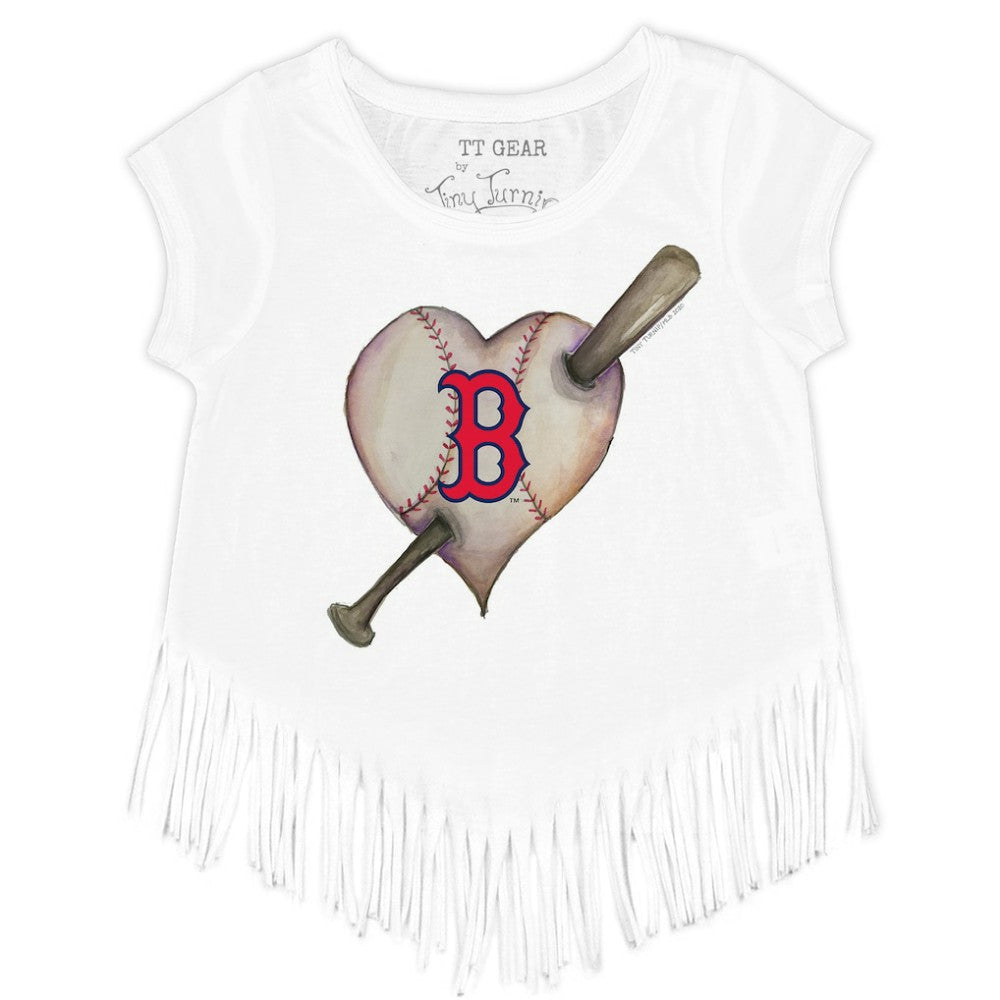 White Boston Red Sox Tiny Turnip Girls Youth Heart Bat Fringe T-Shirt