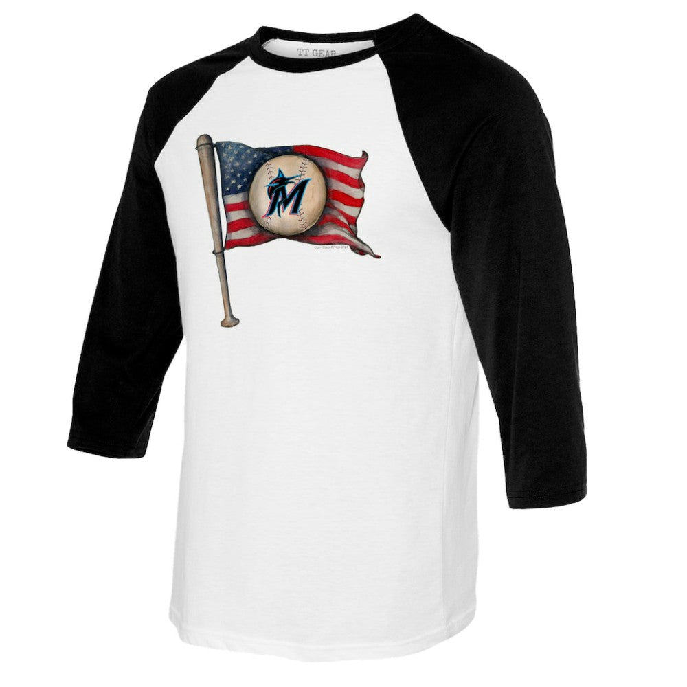 White/Black Miami Marlins Tiny Turnip Youth Baseball Flag Raglan 3/4 Sleeve T-Shirt
