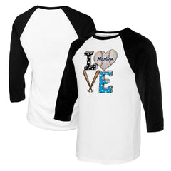 White/Black Miami Marlins Tiny Turnip Women's Baseball Love Raglan 3/4-Sleeve T-Shirt