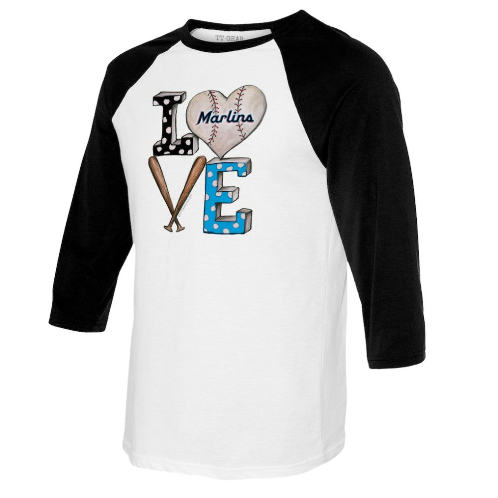 White/Black Miami Marlins Tiny Turnip Women's Baseball Love Raglan 3/4-Sleeve T-Shirt