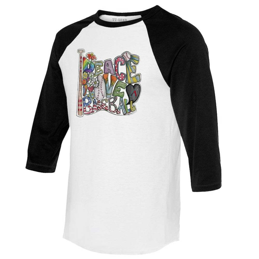 White/Black Arizona Diamondbacks Tiny Turnip Women's Peace Love Baseball 3/4-Sleeve Raglan T-Shirt