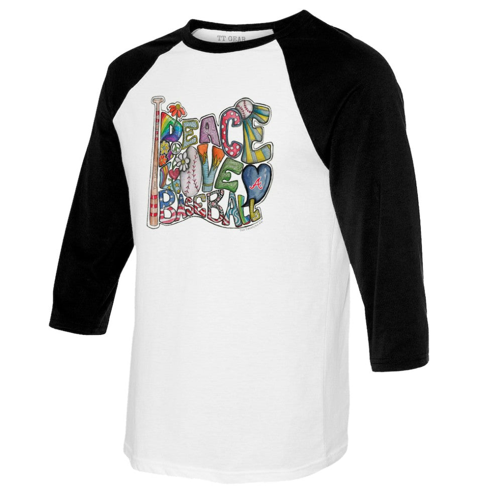 White/Black Atlanta Braves Tiny Turnip Women's Peace Love Baseball 3/4-Sleeve Raglan T-Shirt