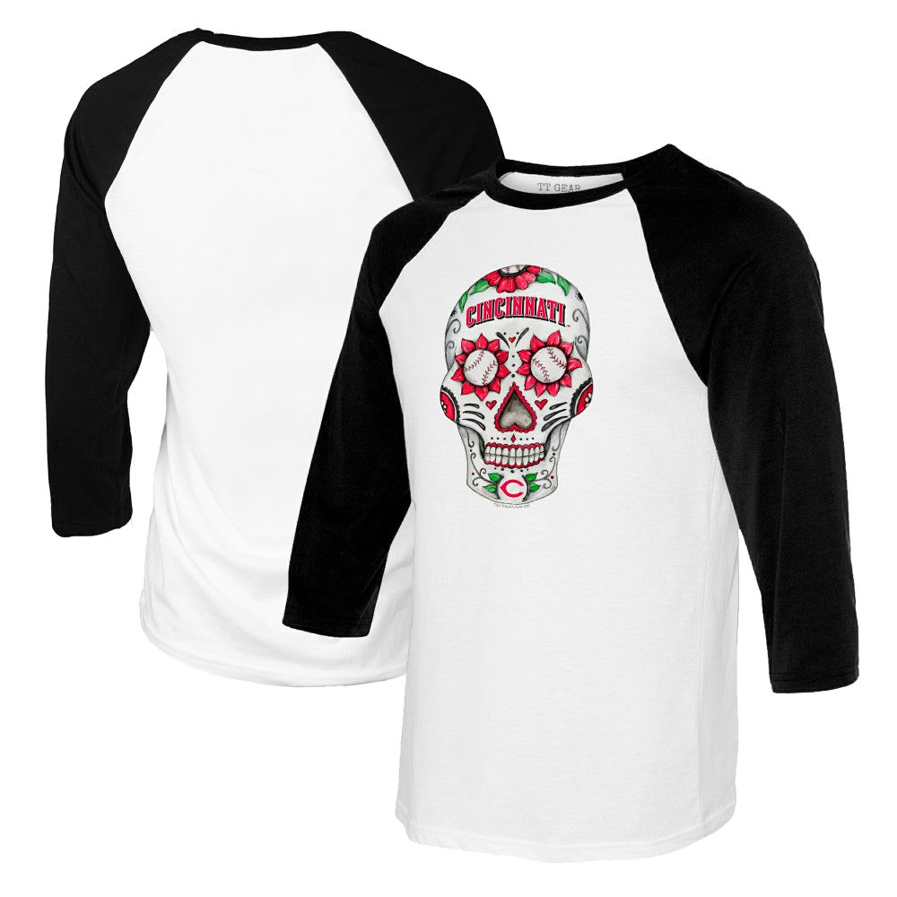 White/Black Cincinnati Reds Tiny Turnip Women's Sugar Skull 3/4-Sleeve Raglan T-Shirt