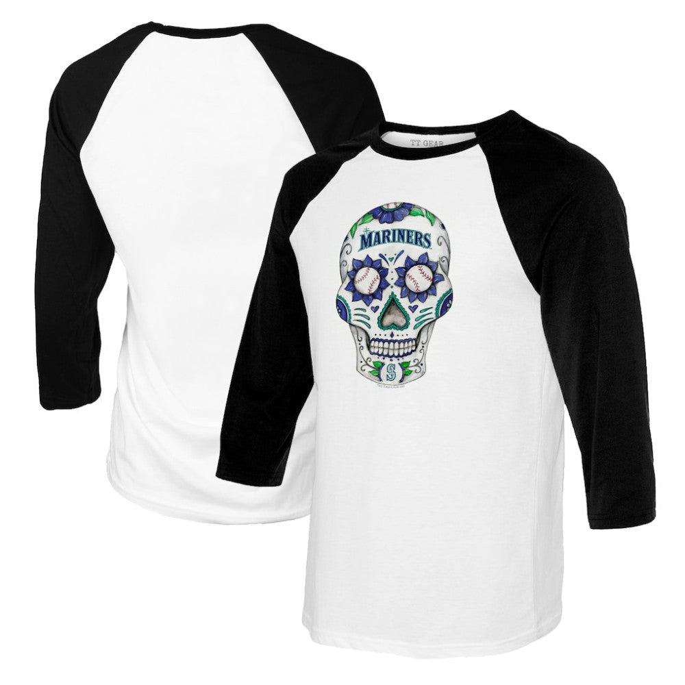 White/Black Seattle Mariners Tiny Turnip Women's Sugar Skull 3/4-Sleeve Raglan T-Shirt