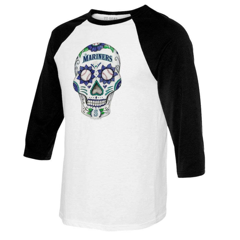 White/Black Seattle Mariners Tiny Turnip Women's Sugar Skull 3/4-Sleeve Raglan T-Shirt