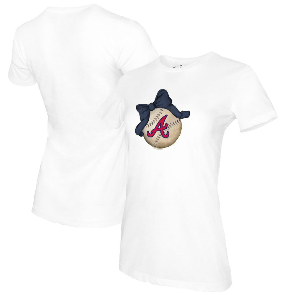 White Atlanta Braves Tiny Turnip Women's Baseball Bow T-Shirt