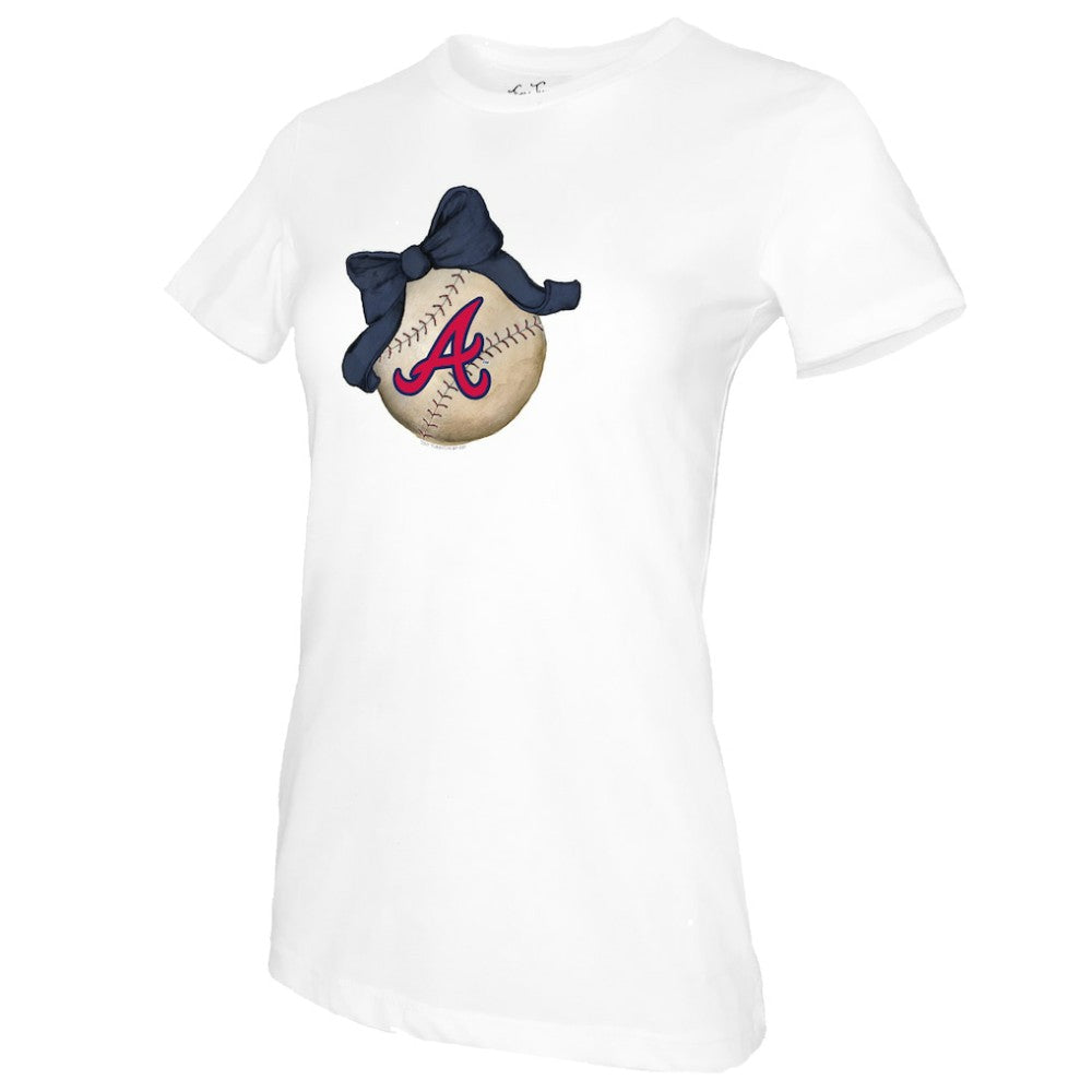 White Atlanta Braves Tiny Turnip Women's Baseball Bow T-Shirt