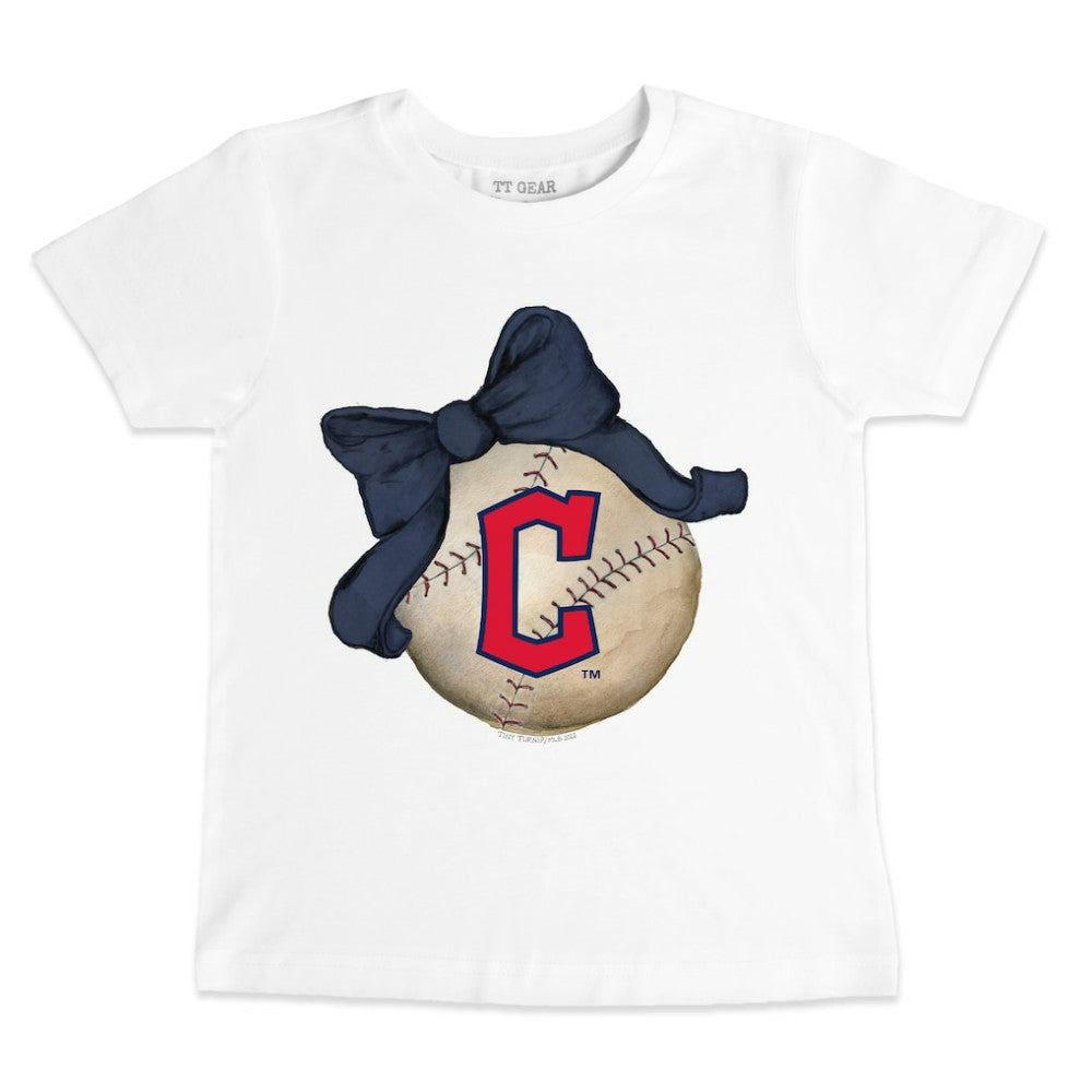 White Cleveland Guardians Tiny Turnip Youth Baseball Bow T-Shirt