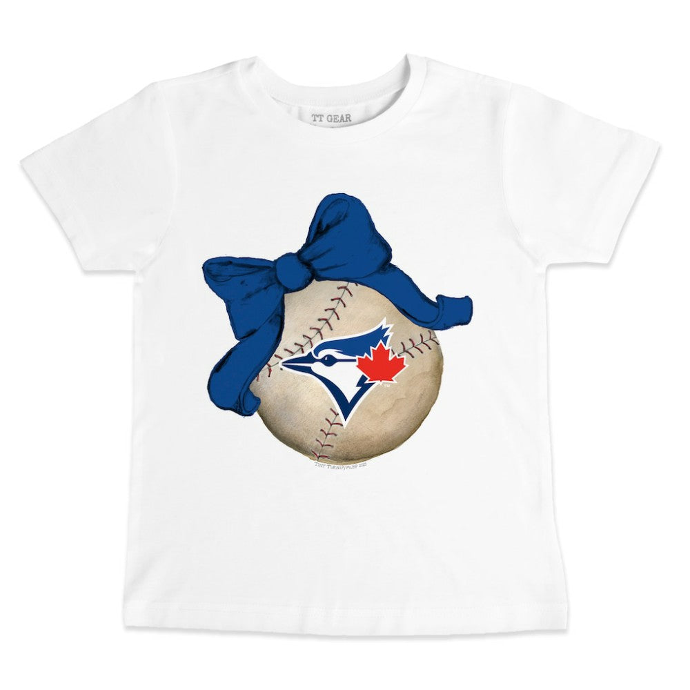 White Toronto Blue Jays Tiny Turnip Youth Baseball Bow T-Shirt