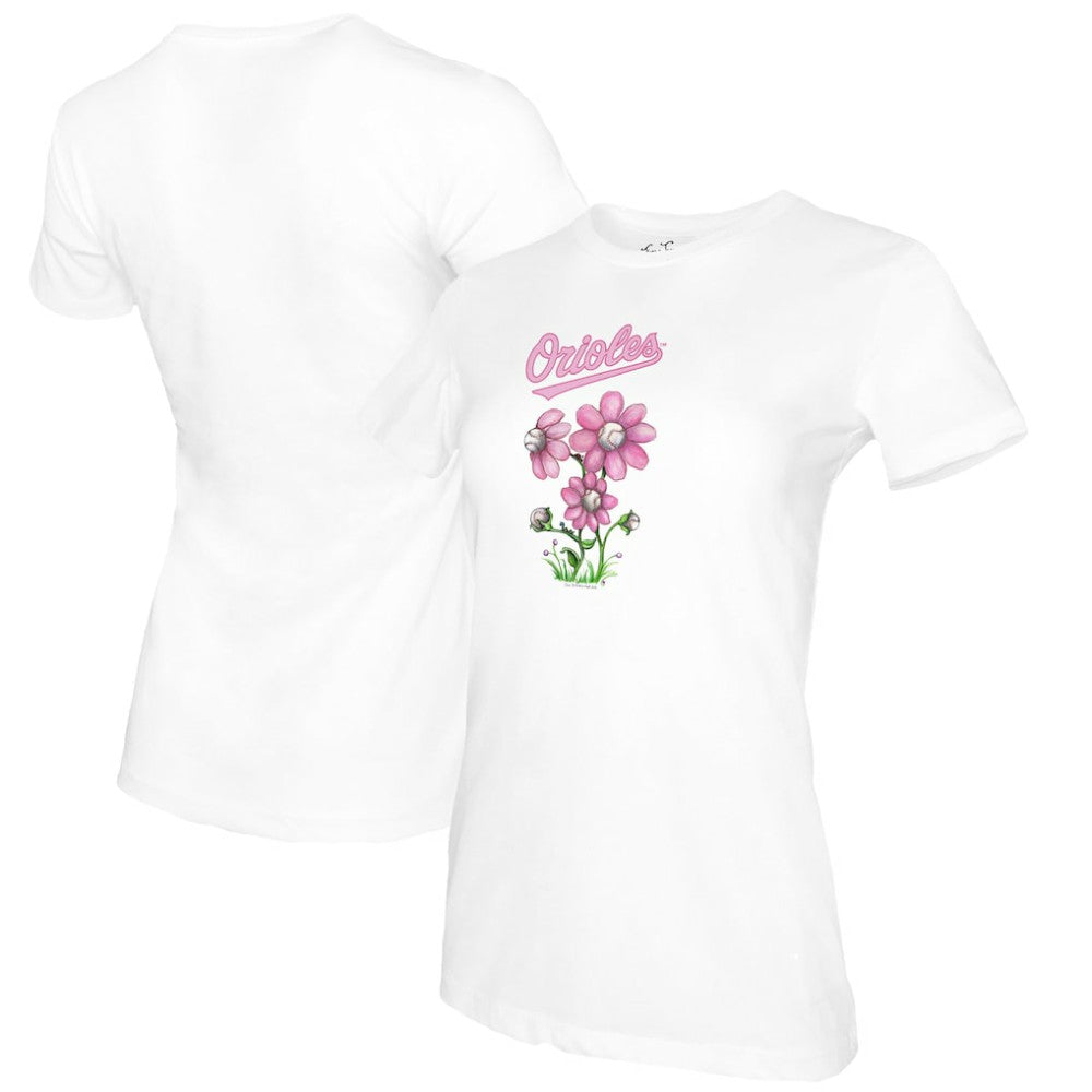 White Baltimore Orioles Tiny Turnip Women's Blooming Baseballs T-Shirt