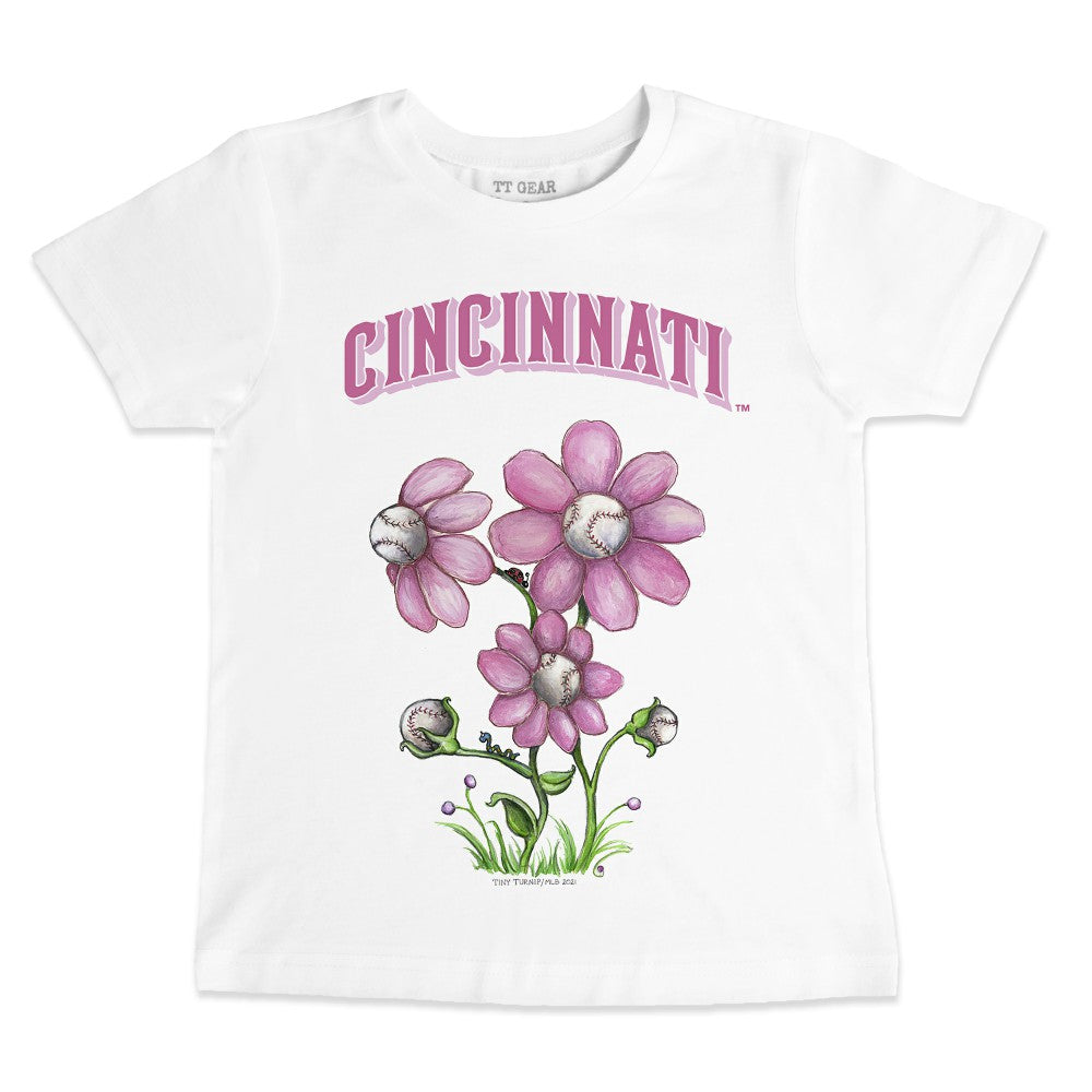 White Cincinnati Reds Tiny Turnip Youth Blooming Baseballs T-Shirt